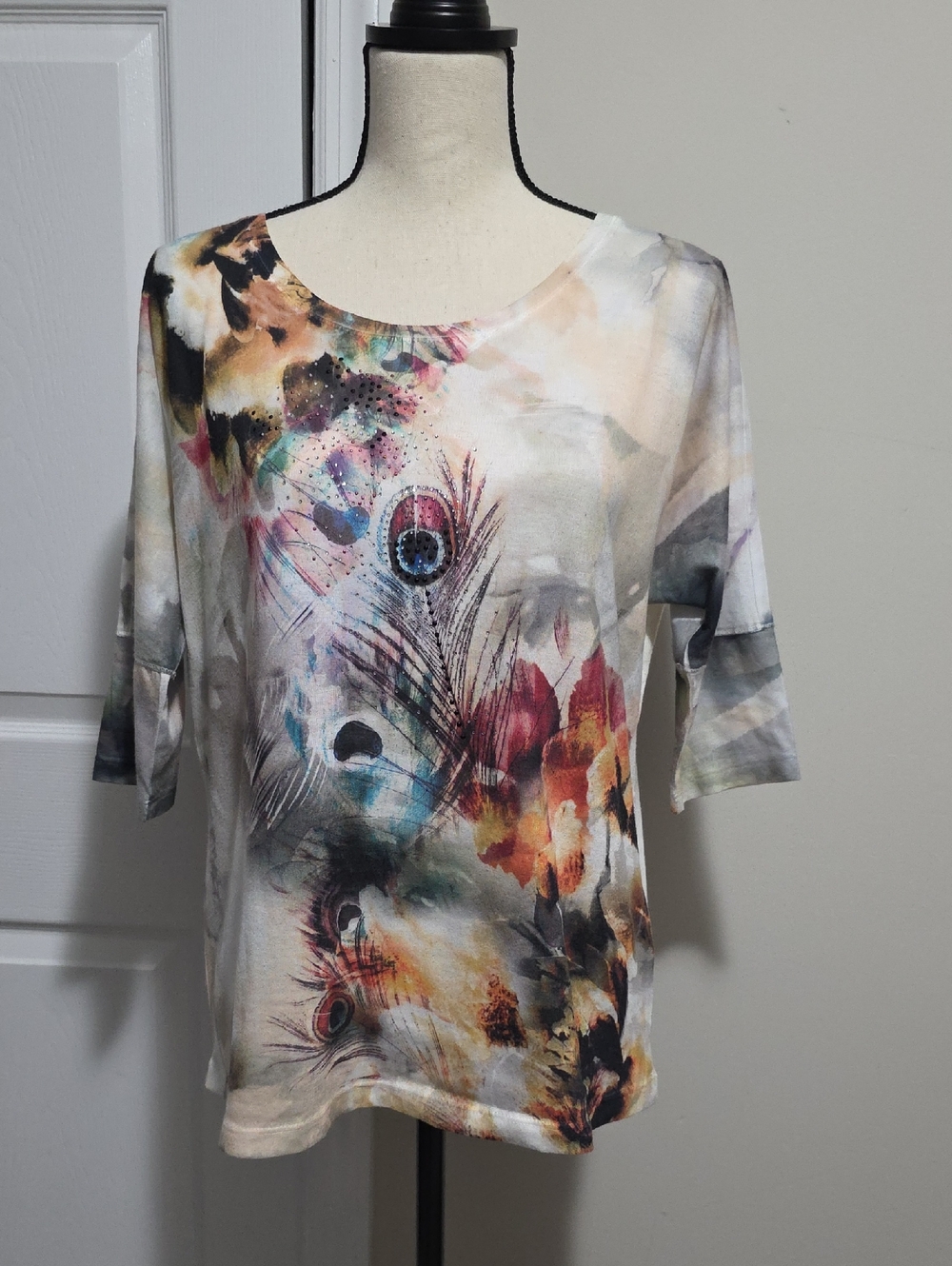 B.L.E.U Peacock Feather Rhinestone Embellished Shirt, Top, Blouse Sz M